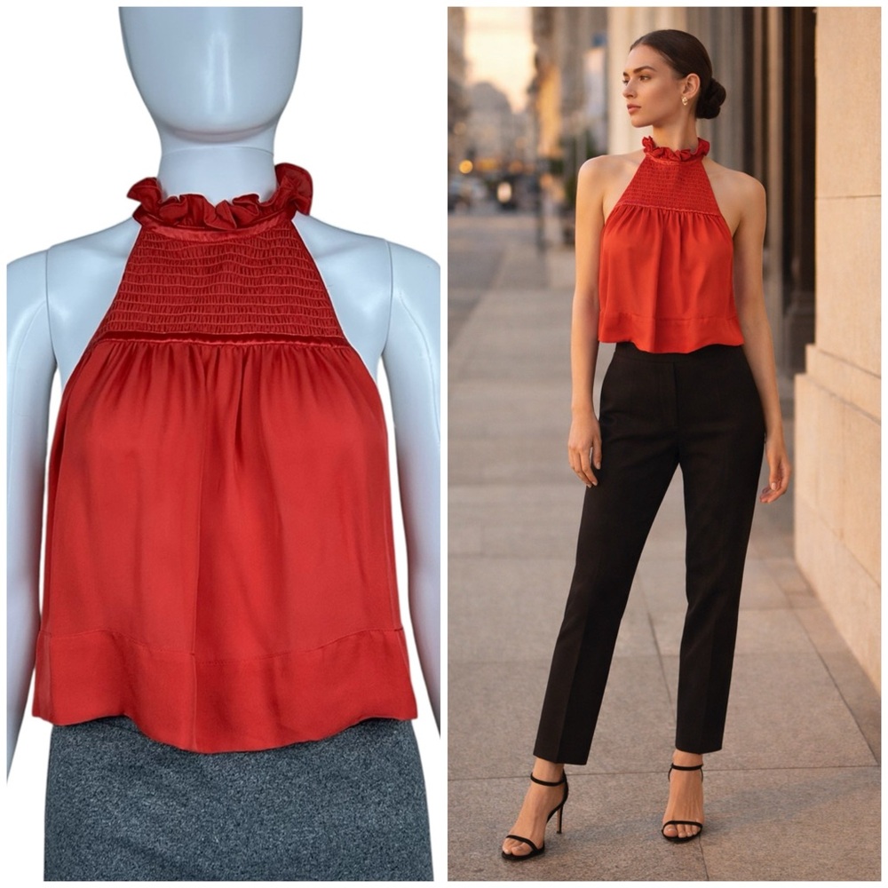 Cinq a Sept Loki Ruffle Halter Top Size XXS Silk Smocked Blouse Coral Red Luxury